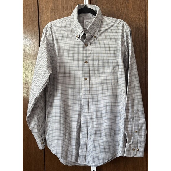 Brooks Brothers Shirt Mens M Slim Fit Non-Iron Stretch Button Down Gray/BluPlaid - Picture 1 of 5